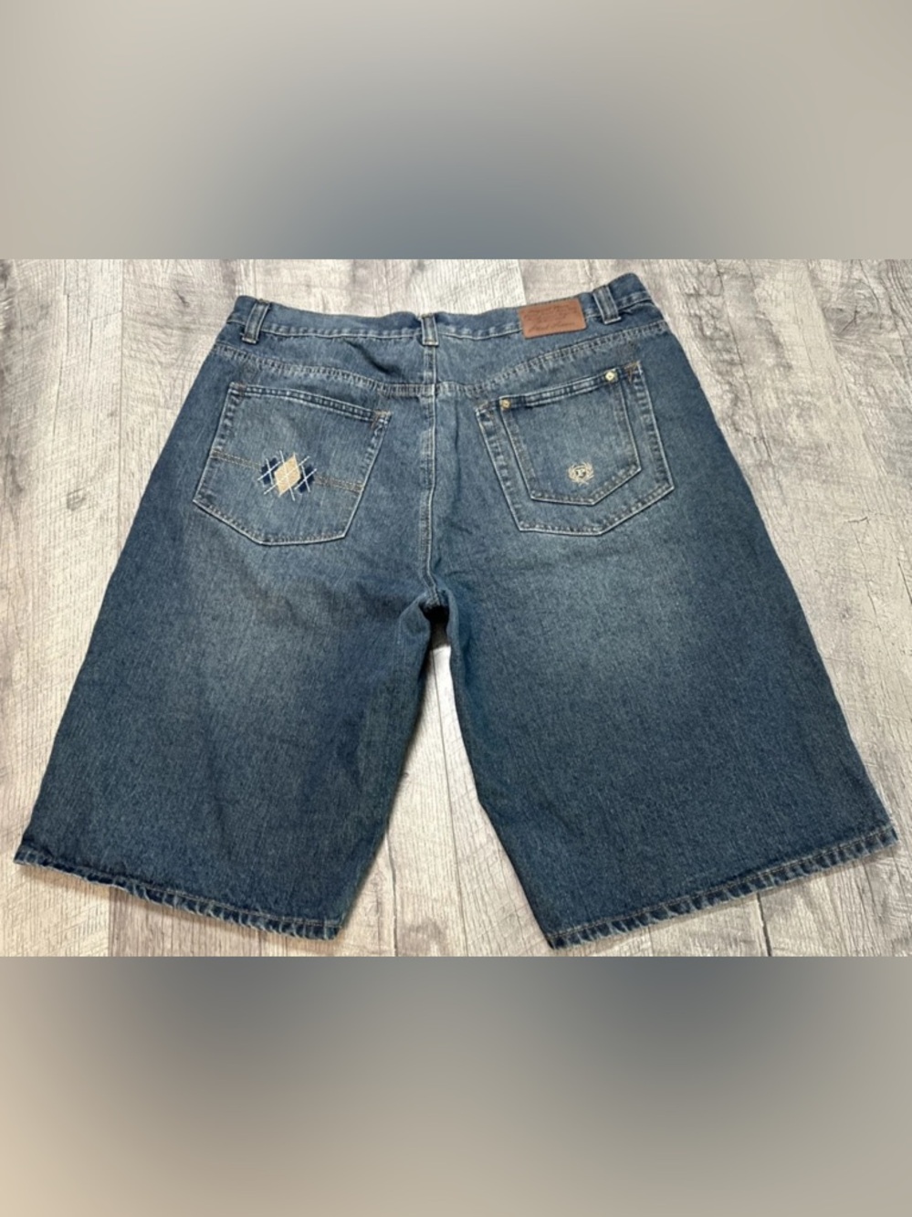 Vintage Y2K Phat Farm Baggy Shorts Mens 38 Blue Denim Jorts Embroidered Hip Hop